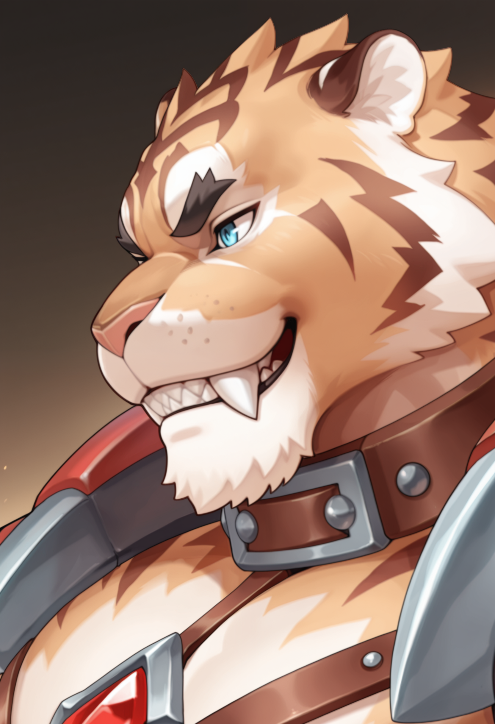 masterpiece, best quality, amazing quality, full body,
Hachi, blue eyes, tiger boy, muscular male, 
red and black armor, red and black pauldrons, red and black bracers, brown chest harness with red gem, brown collar, 
close up, face focus, portrait, from side, smiling,