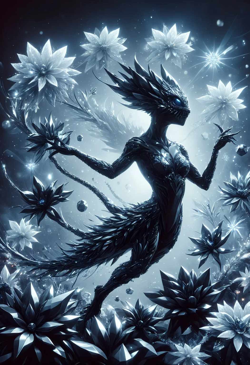 behance, Creepy Alien Compressed Pokémon, Bouquet background, Snowy, detailed, masterpiece, Villaincore, Ethereal Lighting, magical, made out of black diamonds, <lora:PinkieBlckDmndsSDXL-v1:1>, p1nkblackd1am0nds, cinematic light, located artistic, highly detailed, polished, beautiful elegant, ambient background, radiant, cool colors