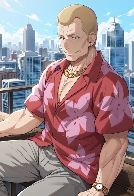 score_9, score_8_up, score_7_up, source_anime, houjouteppei, 1boy, solo, smile, looking at viewer, mature male, muscular, blonde hair, short hair, black eyes, sitting on branch, cityscape, red pink hawaiian shirt, grey pants, wristwatch, necklace, cleft chin, extremely detailed, 8k, best quality, amazing quality, best aesthetic, absurdres <lora:teppei_pony-2:1.5>