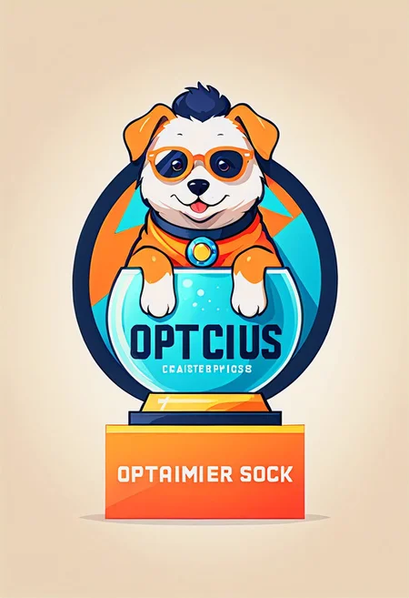 logomkrdsxl, scientist dog in 80s sports glasses, circular logo, laboratory, quantum physics, retro, vector, text "OPTICUS", <lora:logomkrdsxl:0.8>, best quality, masterpiece, vibrant colors, digital art, logotype, 8 k post - processing, smooth, clear lines, sharp focus, winning award masterpiece, logo, simpel, white background