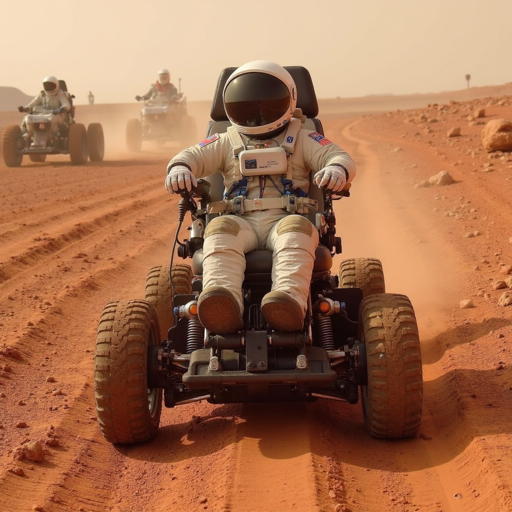 realistic photo of a astronaut riding in an off road wheelchair, on mars, red dirt, red planet, alien planet, nasa style, space and scifi,  ultra high quality, sharp focus, highly detailed,  <lora:Off_Road_Wheelchair_FLUX:1>,