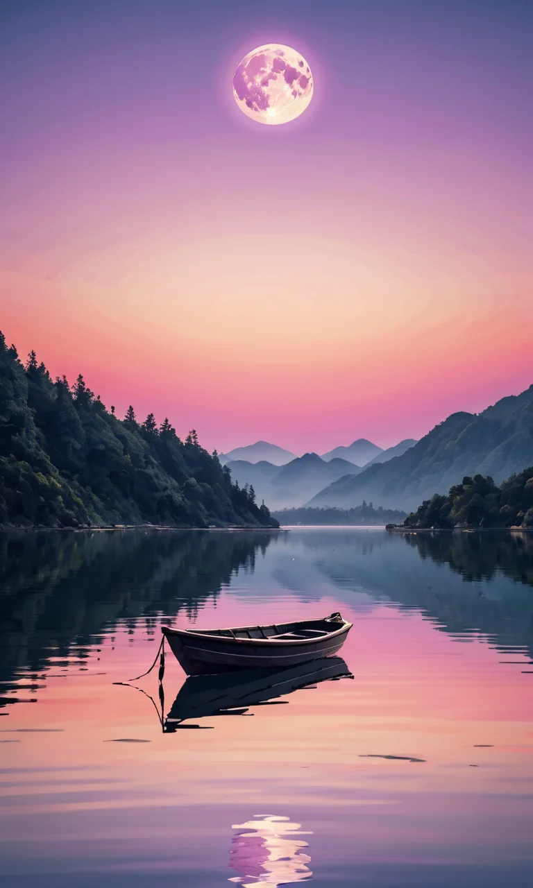 4n1v3rs3, zPDXL2, Minimalist style, the water is extremely calm, reflecting the reflection of the boat, the background is soft in pink and purple gradient tones, a bright full moon hangs in the sky, a small boat is on the calm water in the distance, and a person is on the boat Paddling leisurely SimplePositiveXLv2, <lora:add-detail-xl:2>