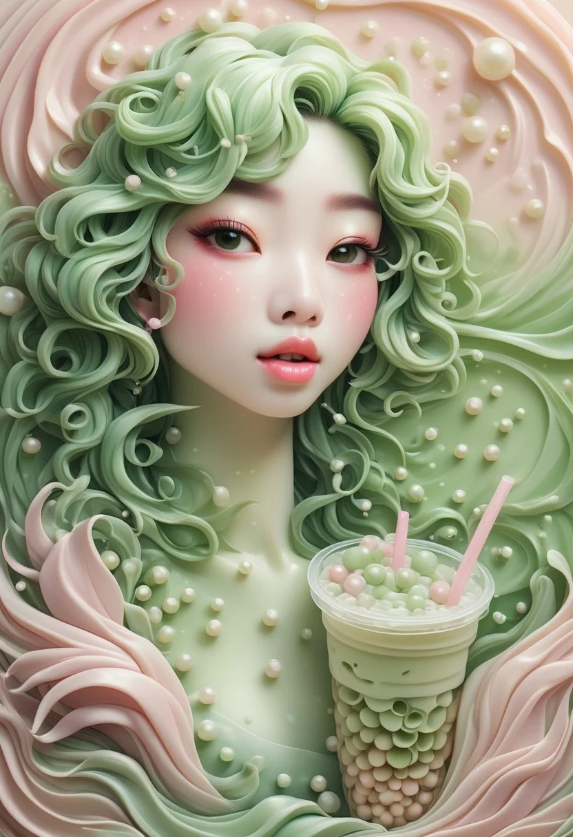 Portrait of a Dreamy Bubble Tea Mermaid, Satin Layers in Pearl White, Pastel Pink, and Matcha Green, Eyes with a Soft Gaze, Straw as a Microphone, Surrounded by Floating Tapioca Pearls and Little Waves of Milk Tea, Glossy Finish, Capturing a Sweet and Surreal Underwater Melody