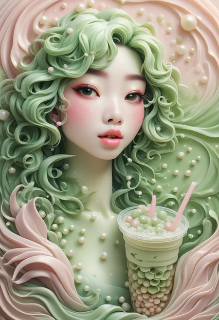 Portrait of a Dreamy Bubble Tea Mermaid, Satin Layers in Pearl White, Pastel Pink, and Matcha Green, Eyes with a Soft Gaze, Straw as a Microphone, Surrounded by Floating Tapioca Pearls and Little Waves of Milk Tea, Glossy Finish, Capturing a Sweet and Surreal Underwater Melody