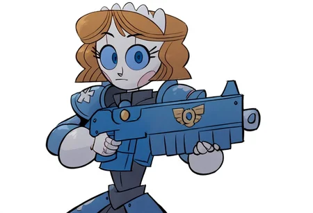 score_9, score_8_up, score_7_up, score_6_up, BREAK, solo, 1girl, robot, emmytr, blue eyes, brown hair, pale skin, white skin, holding a bltgun bolter weapon, looking at viewer, Sororitas, s0r0r1t@s, armor, shoulder armor, power armor,