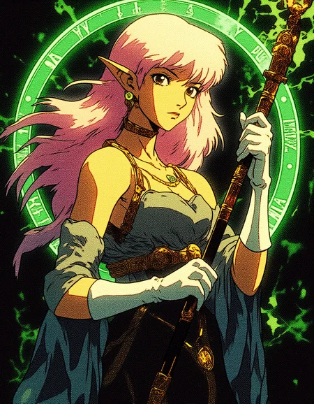 <lora:RetroAnimeFluxV1:1.2> Detailed, vibrant, high contrast  semi-realistic 90s dark fantasy anime.  A dark elf soreceress with golden brown skin, glittering yellow eyes and long flowing light pink hair. Her expression is serious and determined  other holds her carved ebony magical staff in front of her. She is wearing a silk robe. The robe is sleeveless and is fixed by gold clasps on her shoulders and a gold chain around her waist. She has long elf ears pierced with large hoop earrings. Her hands and forearms are covered in white elbow-length gloves. Her body is adorned with jewelry bearing esotheric symbols and runes. The scene is set against a dark void lit by a shining green fire magical circle bearing mysterious glyphs.