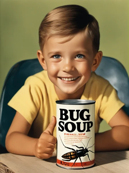 1950s Life Magazine ad photo of a smiling child with a (bowl of "Bug Soup":1.5) on a table with (words "Bug Soup":1.5) on (soup can:1.8) label "Bug Soup", roaches floating in bowl, sharp focus, (thumbs up:1.5), RAW candid cinema, 16mm, color graded portra 400 film, remarkable color, ultra realistic, textured skin, remarkable detailed pupils, realistic dull skin noise, visible skin detail, skin fuzz, dry skin, shot with cinematic camera