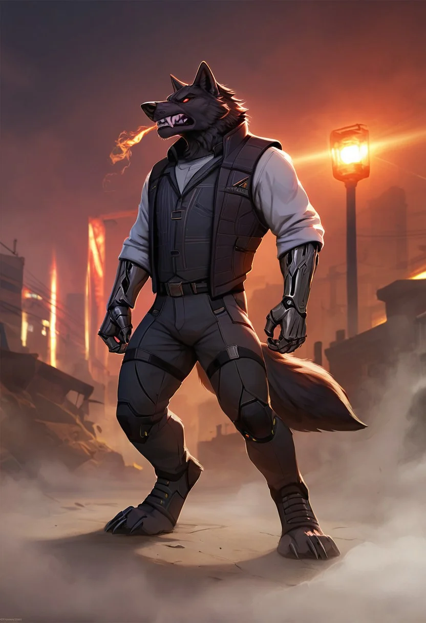 male, solo (anthro, (furry), wolf, black fur) stylized artwork, techwear, futuristic technology, dynamic, helmet, vest, cyberpunk, full body, dynamic lighting, cybernetic enhancements, masterpiece, absurd quality, Sinozick, dark aesthetic, Warzone, destroyed city, fire, smoke, red sky, metal claws, huge claws, sharp teeth, angry,
(ray tracing, photo realistic, good shadows, score_9, score_8_up, score_7_up),