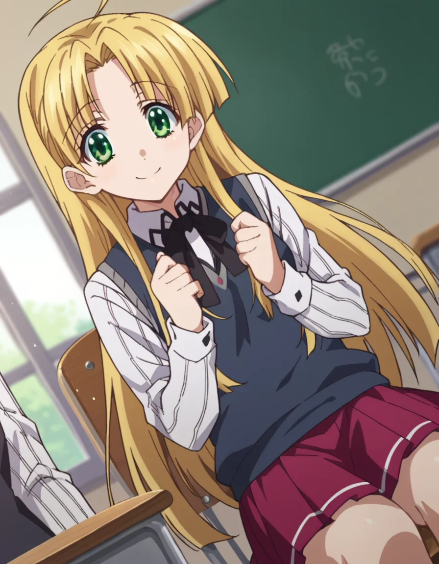 score_9, score_8_up, score_7_up, source_anime,
asiaargento, <lora:asia-argento-ponyxl-lora-nochekaiser:1>,
asia argento, long hair, blonde hair, green eyes, parted bangs, ahoge, smile,
skirt, shirt, long sleeves, ribbon, school uniform, pleated skirt, vest, red skirt, sweater vest,
indoors, classroom, sitting, desk, chair,
looking at viewer, dutch angle, cowboy shot,