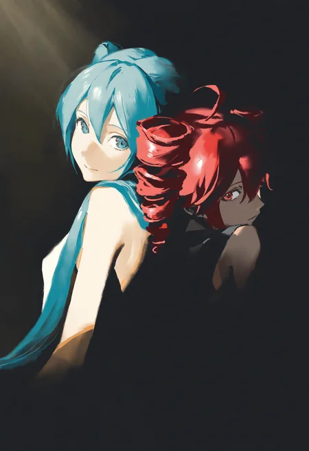 painterly, artist:[caravaggio|adam de coster|yoneyama mai|cursedweeboo|daodtt|diao \(nrays\)|ravine bells],
2girls, hatsune miku, blue hair, twintails, sitting, upper body, back-to-back, looking to the side, looking at viewer, leaning back, bright, sunlight, 
newest, impasto, brushstroke, impressionism, chiaroscuro, oil painting \(medium\), newest, absurdres, masterpiece, very aesthetic