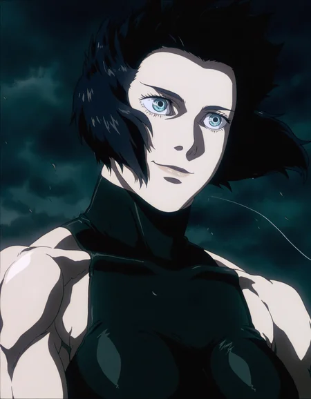 anime screenshot, masterpiece,  best quality, very aesthetic, upper body, portrait, 
1girl, kusanagi motoko, toned, cyborg, highleg leotard, bare shoulders, smile, blue eyes, eyelashes, 
colored, deep shadows, cleavage,   dark cyberpunk theme,  outdoors, wind, science fiction, 
 <lora:GITS Illustrious:0.9>