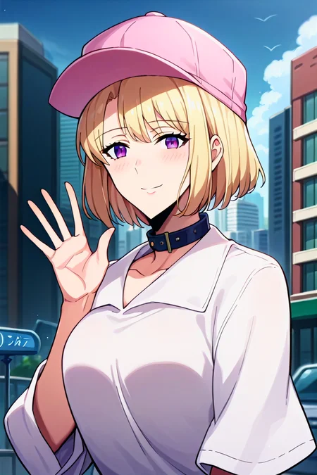 score_9, score_8_up, score_7_up, score_6_up, score_5_up, score_4_up, rating_questionable, , source_anime, digital illustration, pixiv, fanbox, uncensored, , BREAK, official art,
1girl, solo, mature female, cha hae in,, blonde hair, purple eyes, short hair, medium breasts,
white shirt, collar, pink cap, {waving}, upper body, city, buildings, outdoors, light smile, blush, looking at viewer, cowboy shot, <lora:Cha_Hae_In_Pony-10:1.1>
