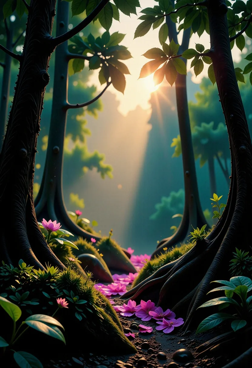 Light Cheery Atmosphere, magical fairy village, first light of dawn through a mangrove forest, warm radiance lighting, painted in hues of emerald, pink and lilac, fairies flit about preparing for the day, style of Kim Keever, style of Mikalojus Ciurlionis, aiai-DiscoSpaces, happy, joyful, cheerful, carefree, gleeful, lighthearted, pleasant atmosphere <lora:flux/Magic of Art 2 (FLUX)> Cinematic style, Beauty, Realism, Photorealism, Chiaroscuro, High quality, <lora:flux/Sinfully_Stylish_.02_for_FLUX-000002> <lora:flux/mjv6_lora flux.safetensors_converted>,