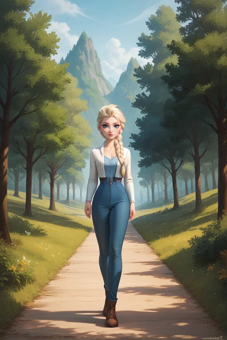 score_9, score_8_up, score_7_up,
<lora:DisneyElsa:0.8>
DisneyElsa, 1girl, blonde hair, blue eyes, braid, looking at viewer, walking, countryside road lined with trees, late afternoon light casting long shadows, nostalgic and carefree vibe