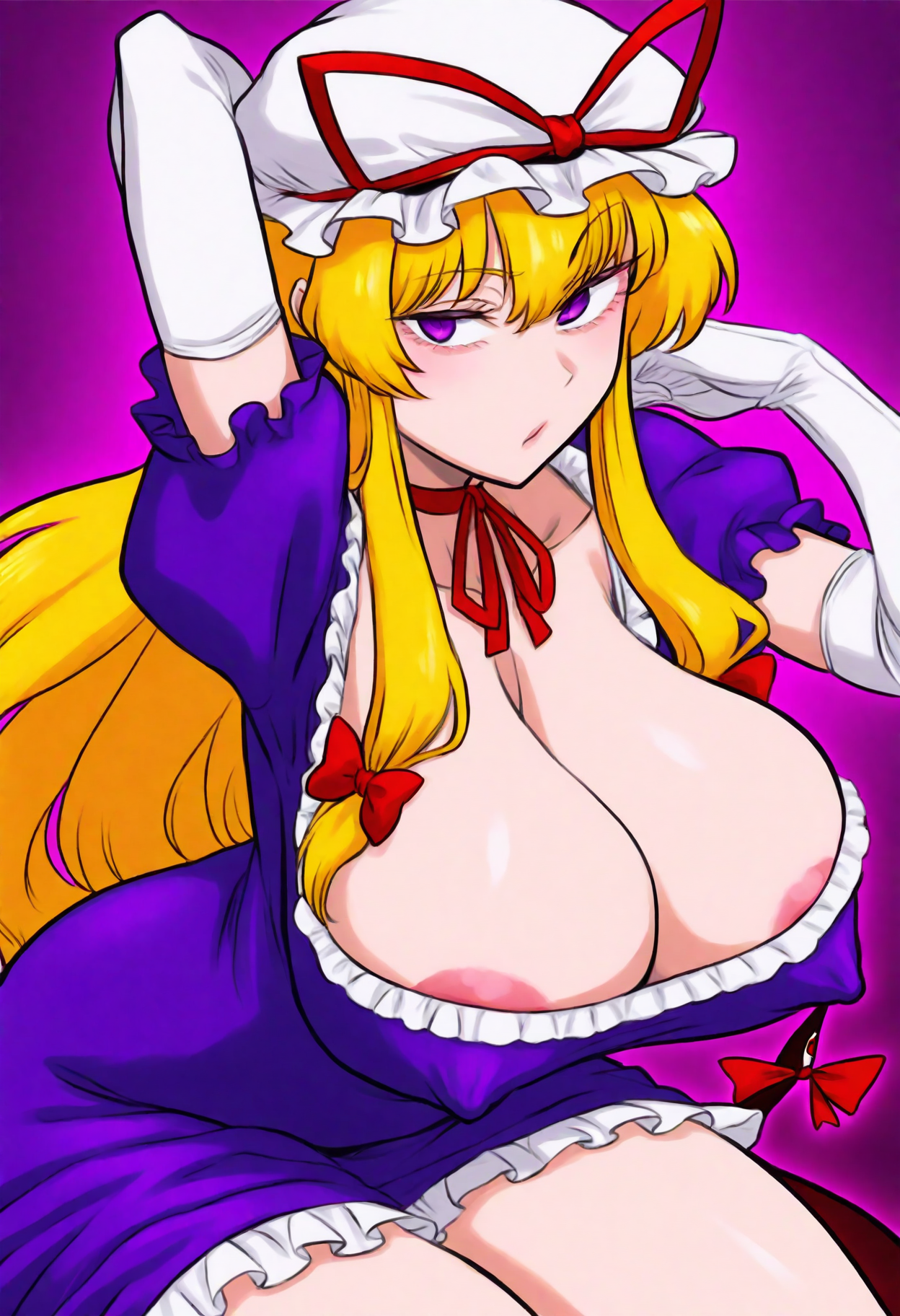 <lora:DittoHead7-8:1>
very aesthetic,
(perfect quality, best quality, masterpiece, absurdres, newest),
1girl, large breasts, yakumo yukari, blonde hair, elbow gloves, covered nipples, purple eyes, looking at viewer, puffy short sleeves, white gloves, cleavage, purple dress, areola slip, gap (touhou), purple background, hat ribbon, hair bow, mob cap, thighs, puffy sleeves, collarbone, sidelocks, frills, arm up, frilled dress