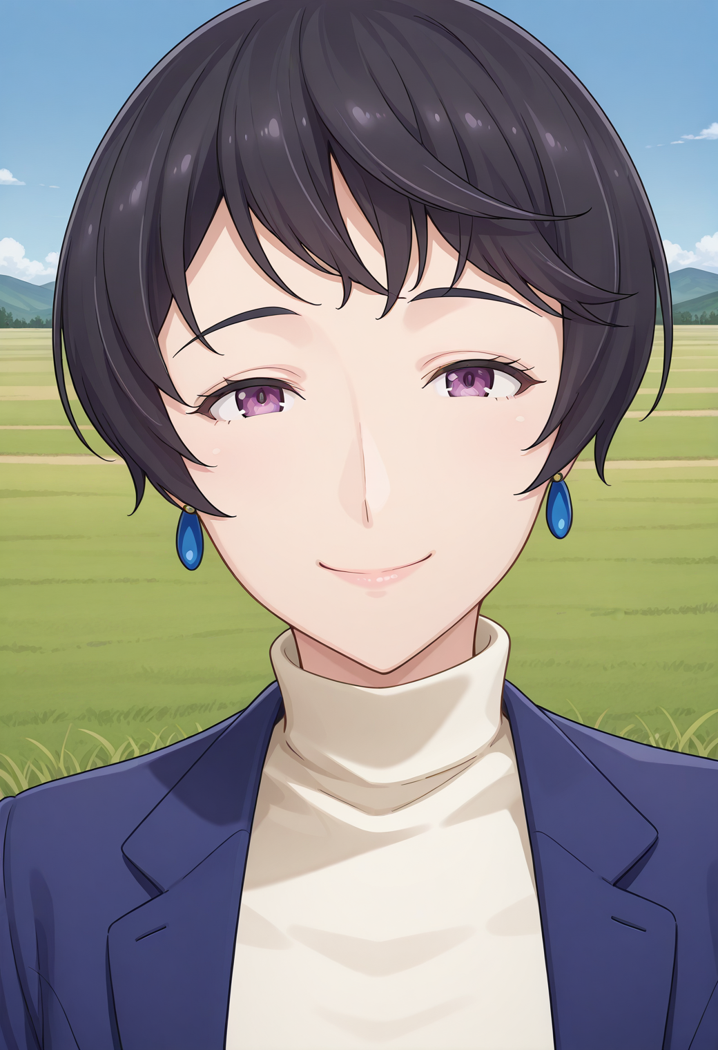 tantei1_reiko, purple eyes, black hair, short hair, earrings, jewelry, blue jacket, formal, turtleneck, white shirt, <lora:tantei1_reiko_illustrious_ver1:0.8> 
smile,, masterpiece, best quality, sensitive,, 1girl, solo, blue sky, (grasslands:1.2), looking at viewer,, (upper body:1.2), (close-up:1.2), (facing viewer:1.2), (open eyes:1.4), (portrait:1.2)
