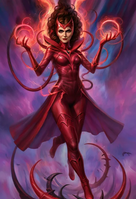 w4rh4mm3r style oil painting, grimdark, marvel scarlet witch woman, witch floating in the air with powerful Eldritch magic coming from her hands. cybernetic arm