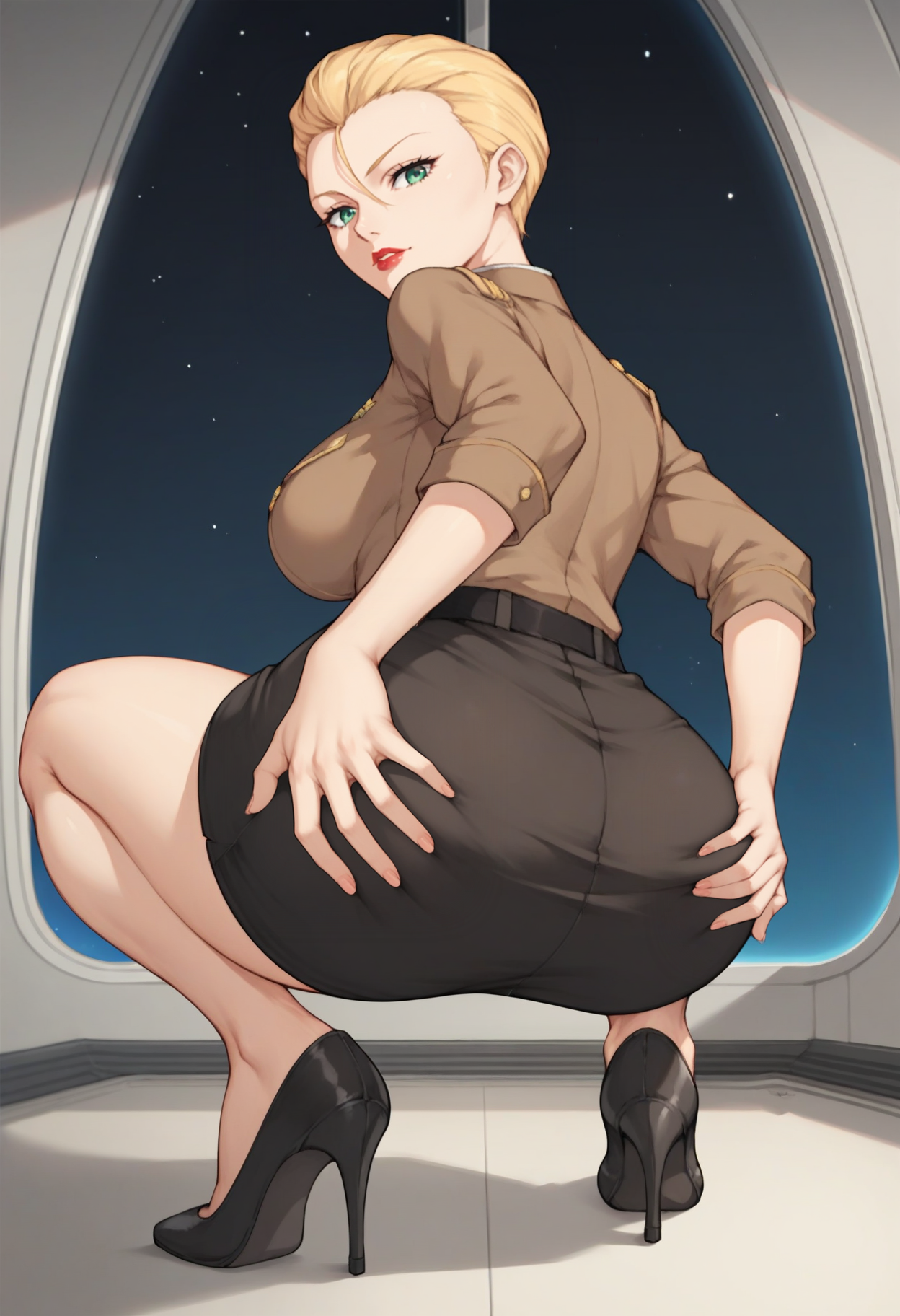 score_9, score_8_up, score_7_up, score_6_up, score_5_up, score_4_up, source_anime, <lora:MSGSF91LydiaDorfman1_5:0.8>, MSGSF91LydiaDorfman, blonde hair, green eyes, lipstick, short hair, forehead, hair slicked back, hair between eyes, large breasts,
brown collared shirt, military uniform, black skirt, pencil skirt, black belt, black lingerie, underwear, black high heels, 
looking at viewer, ass, from behind, from below, squatting, ass grab, solo, grabbing own ass, pantyshot, 
BREAK space, galaxy, indoors, window,