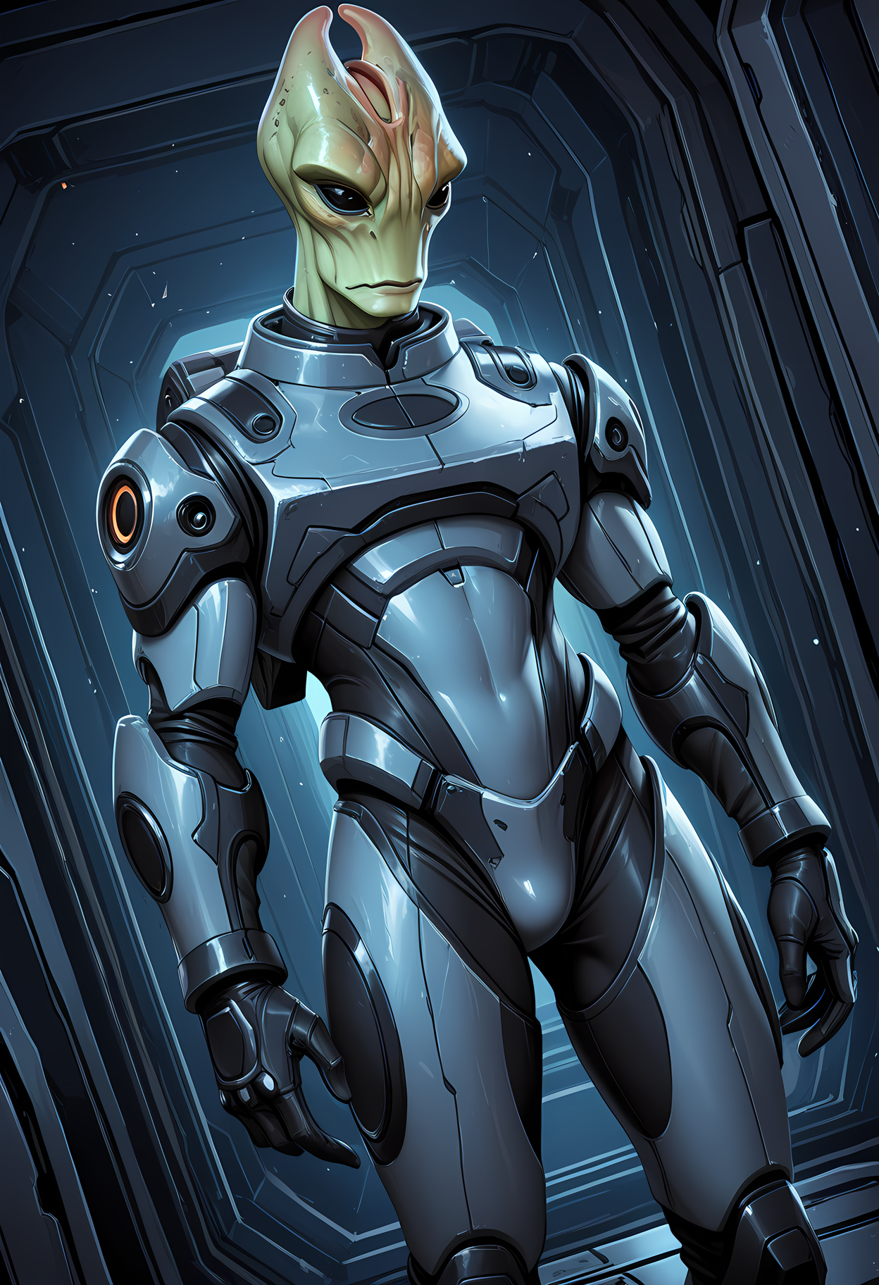 masterpiece, best quality, amazing quality, dutch angle, abstract background, BREAK
solo, male focus, 1boy, me_salarian, alien, green skin, black eyes, black sclera, space armor, BREAK
 <lora:cfg_scale_boost:.6> <lora:Salarians_-_Mass_Effect_-_ILXL:1>