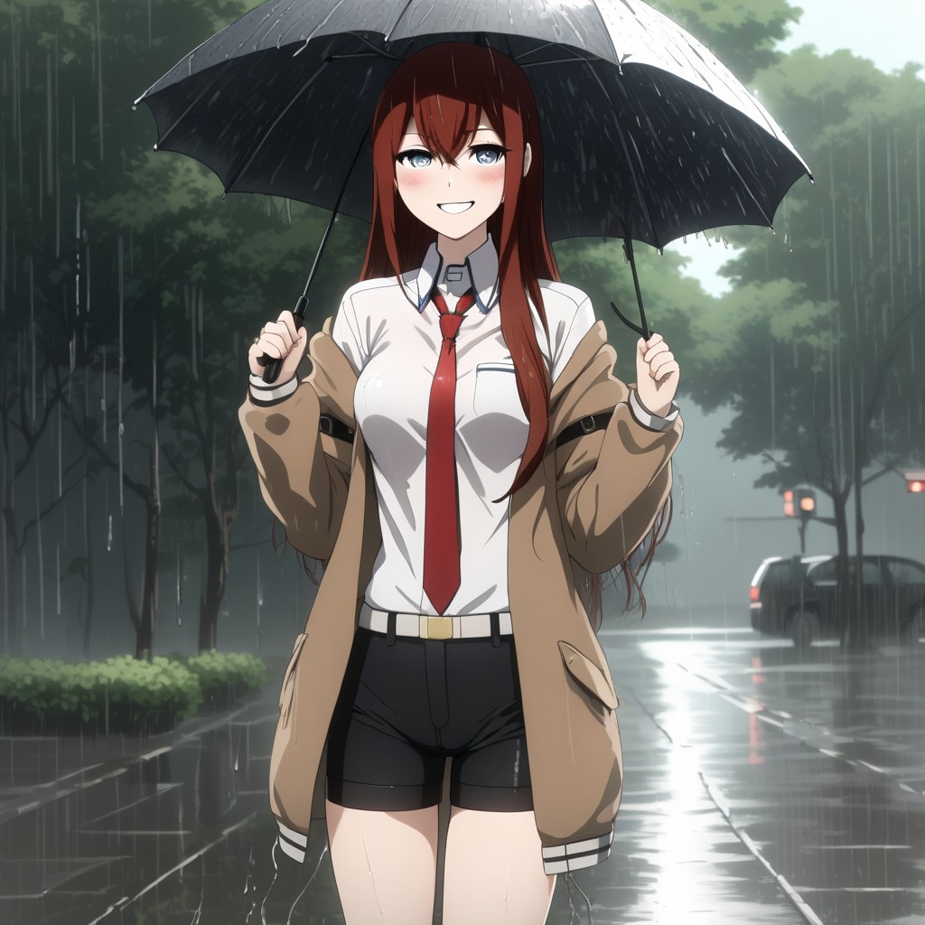 A hot and cute image of Makise Kurisu playing in the rain , jacket , white shirt , red necktie , full body , sexy legs , holding umbrella , cheerful smile , blush