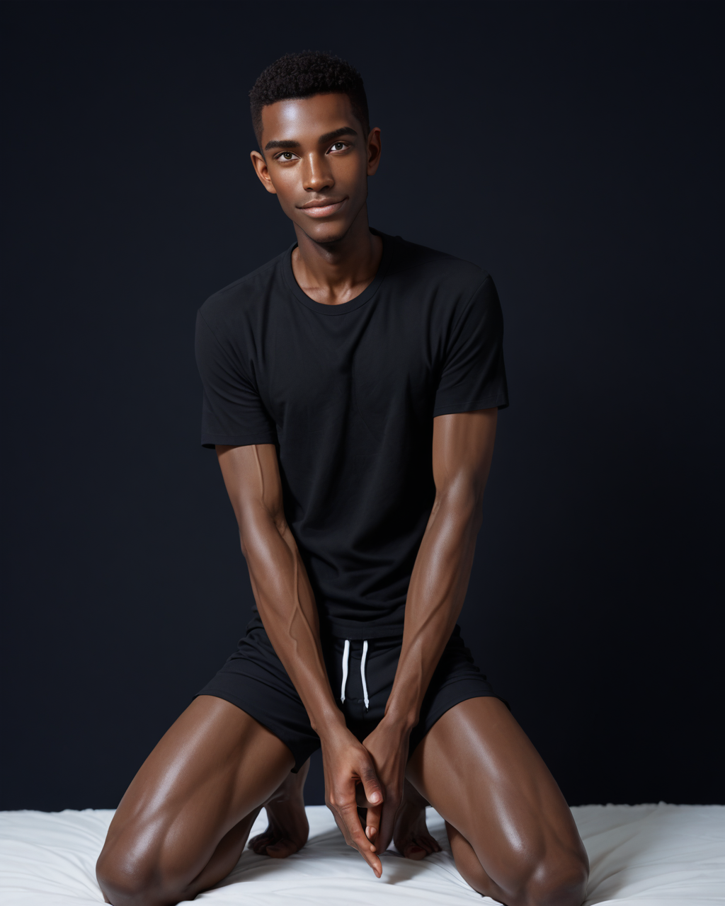 score_9, score_8_up, score_7_up, score_6_up, score_5_up, score_4_up, rating_questionable, 
<lora:Jabstyle_AMXLV1:1>,Jabstyle,
intricately detailed, photo studio with black backdrop, black background,
1boy(human, glistening skin, handsome, sexy, seductive, posing, looking at the viewer, friendly expression, kneeling,
black skin, african, 
twink, slender, 
loose t-shirt, shorts),
depth of field, 
<lora:xl_more_art-full_v1:0.4>,
<lora:add-detail-xl:0.4>