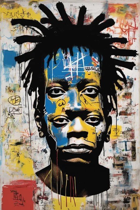 Jean-Michel Basquiat Style - Envision the evolution of Basquiat's artwork if he were still alive in 2023. Imagine his iconic style, how it would have developed over the years, blending his distinctive graffiti-inspired neo-expressionist style with modern influences. the topic is related to climate change. Remember to retain Basquiat's use of vibrant colors, symbolism, and text, but also incorporate newer artistic mediums or digital techniques that he could have adopted. Paint a vivid picture that channels Basquiat's spirit, but showcases how his work could have transformed in response to the changes and challenges of the 21st century.