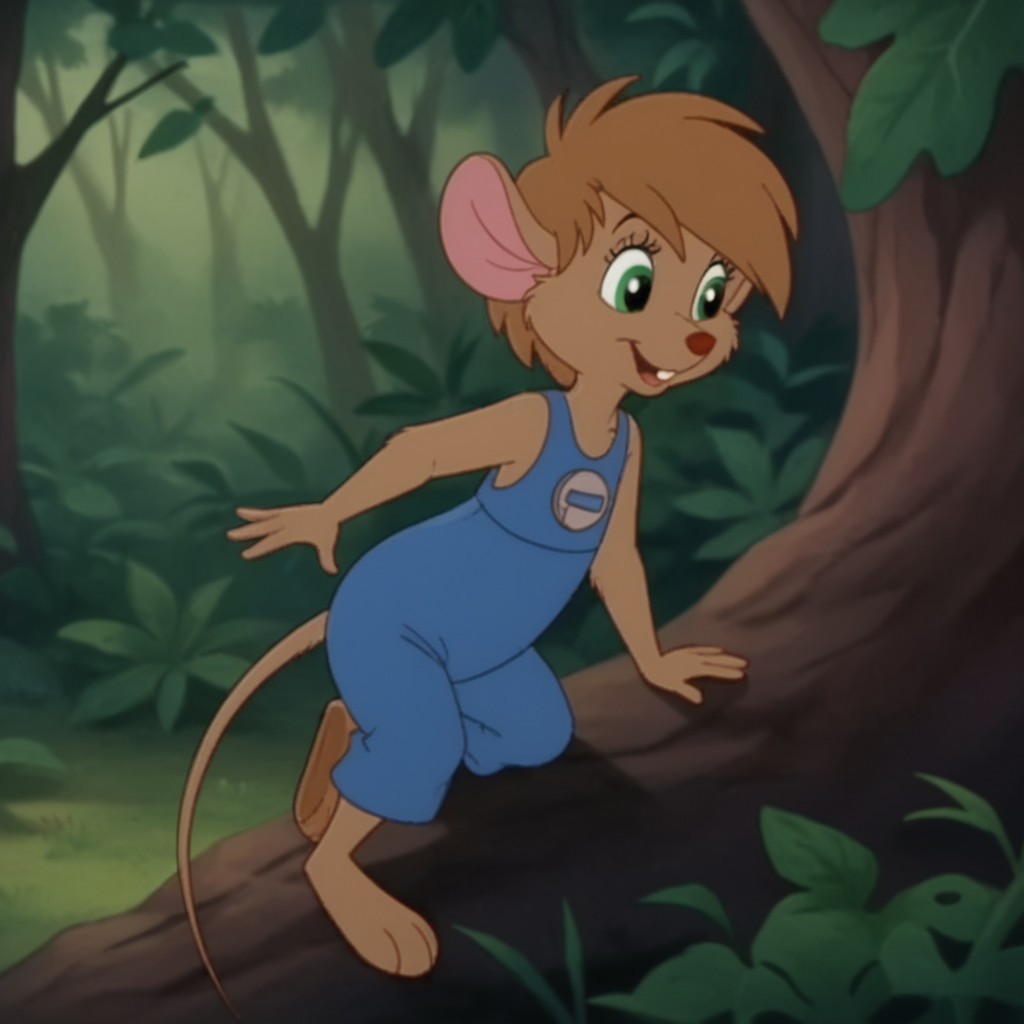 score_9, score_8_up, score_7_up, score_6_up, score_5_up, score_4_up, source_furry, abigailouafv2, semi-anthro, female, mouse, brown fur, green eyes, brown hair, short hair, blue overalls, in a forest, sitting on a rock,