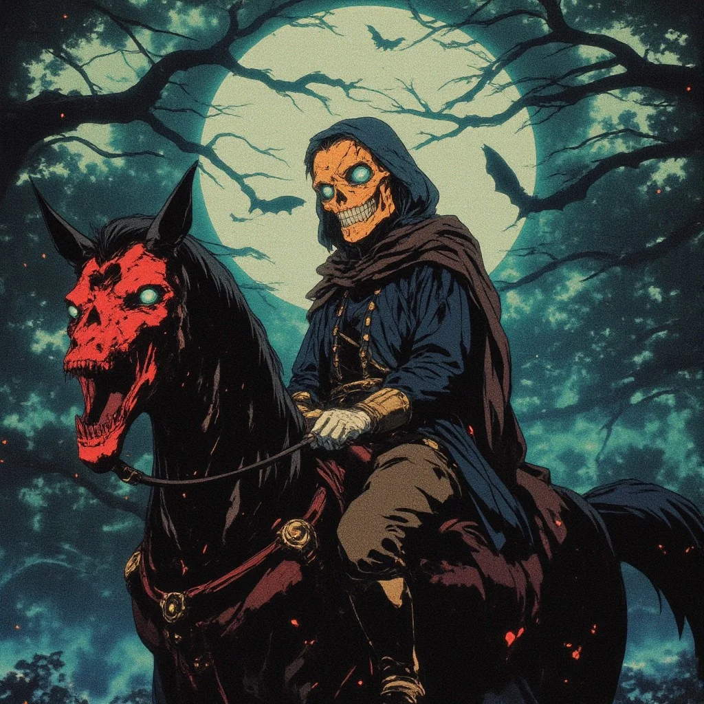 This is a digital drawing depicting a spooky, Halloween-themed fantasy scene. The central figure is a mysterious rider, whose head is a jack o lantern, covered by a dark, hooded cloak. The rider is dressed in a historical military outfit, featuring a blue jacket with gold buttons, brown trousers, and black boots. The rider's hands are gloved in white. The rider is mounted on a black horse with a decaying, skeletal head that is glowing green. The horse has glowing green eyes, adding to the eerie atmosphere. The background is a dark, misty forest at night, with bare, twisted trees silhouetted against a cloudy, moonlit sky. The bloody moon is full and bright, casting a blue-green light over the scene. There are bats flying in the distance, adding to the Halloween theme. The overall color palette is dominated by dark blues, greens, and grays, with the bright, glowing elements contrasting starkly against the dark background. The style of the drawing is detailed and realistic, with a gothic, horror-fantasy ne0nfant4sy