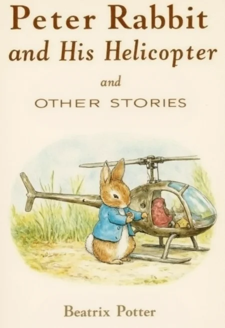 Book cover. Title of book in big letters says - "Peter Rabbit and His Helicopter". Text just below says - 'and OTHER STORIES'. The book cover shows sole male rabbit near helicopter. Author - "Beatrix Potter". BPStyle, drawing., <lora:Beatrix_Potter_drawing_style_for_FLUX:1>