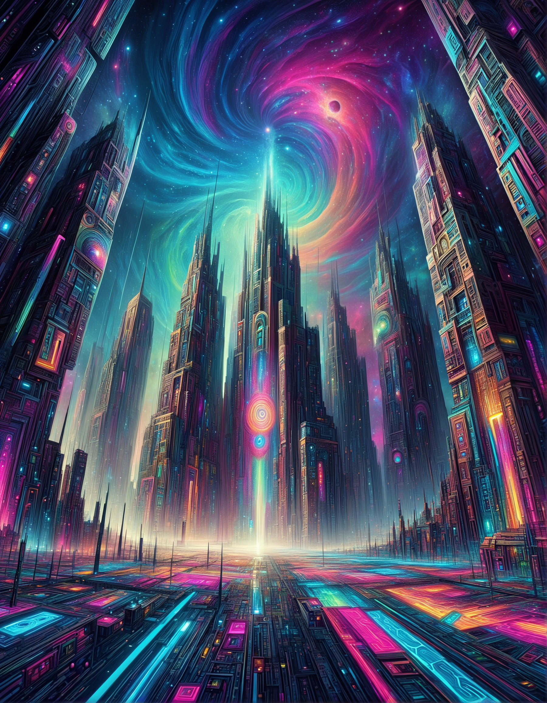 trippy artwork, illustration, abstract, vibrant, sci-fi city, gigantic buildings, intricate architecture, colorful neon lights, nebula sky, dark, eerie, high contrasts