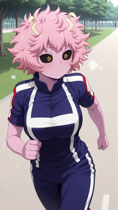 masterpiece,best quality,amazing quality, 1girl, solo, <lora:znkAA:1> illuashido, short hair, pink hair, horns, pink skin, black sclera, yellow eyes, track pants, blue sportswear, u.a. gym uniform, jogging, sweat, park,
