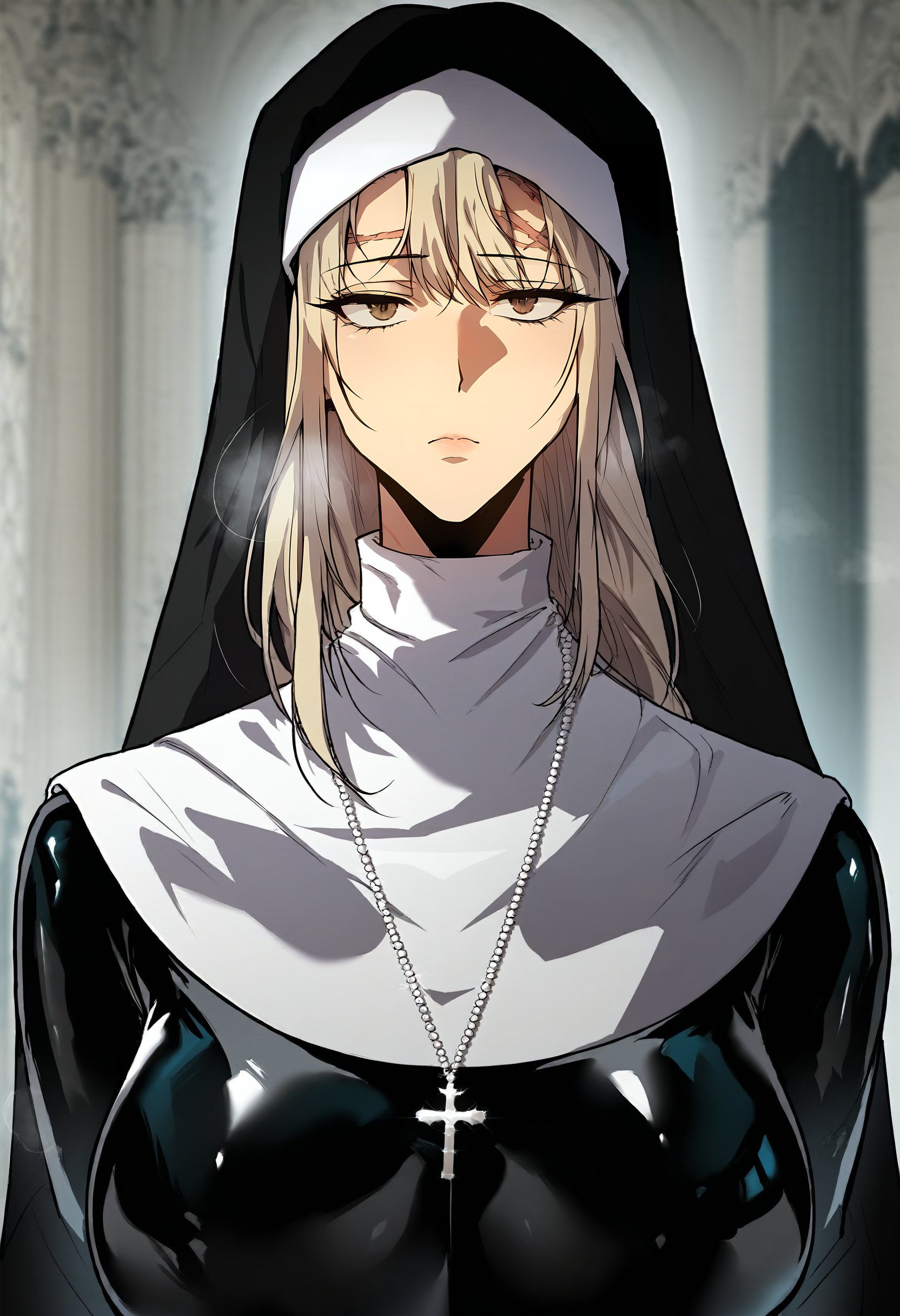 score_9, score_8_up, score_7_up, score_6_up, source_anime, rating_explicit, 1girl, solo, huge breasts, <lora:Rachelautisponyxl:1> long hair, brown eyes, blonde hair, grey hair, scar, traditional nun, habit, black bodysuit, latex bodysuit, skin tight, cross necklace, expressionless, Narrow shoulders, heavy breathing, steaming body, cathedral, indoors, looking at viewer, standing, close-up