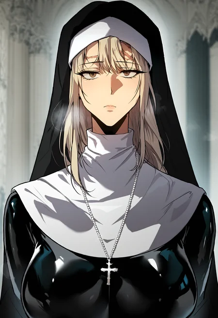 score_9, score_8_up, score_7_up, score_6_up, source_anime, rating_explicit, 1girl, solo, huge breasts, <lora:Rachelautisponyxl:1> long hair, brown eyes, blonde hair, grey hair, scar, traditional nun, habit, black bodysuit, latex bodysuit, skin tight, cross necklace, expressionless, Narrow shoulders, heavy breathing, steaming body, cathedral, indoors, looking at viewer, standing, close-up