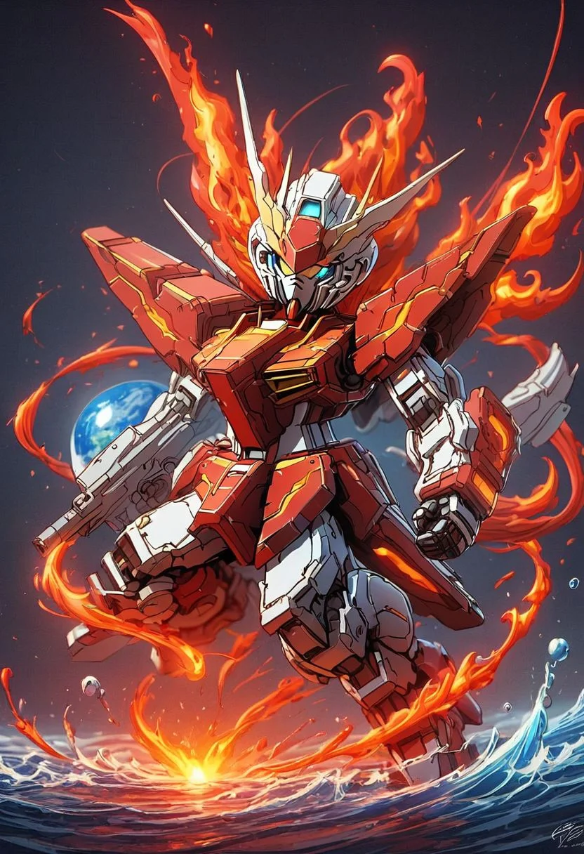 <lora:ElementsMixSDXL:1.0> ElementsMix (Fire:0.7),(Earth:0.7),(Water:0.8),(Wind:0.6) (Earth Gundam, concept art, trending on artstation, greg rutkowski:0.6), detailed background