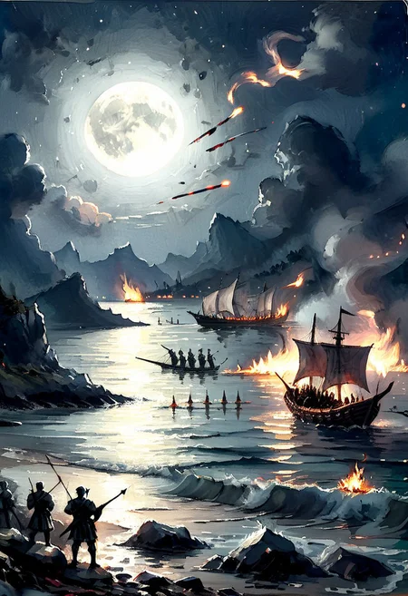 night time, full moon, army standing on shore, army shooting fire arrows, burning longship sailing