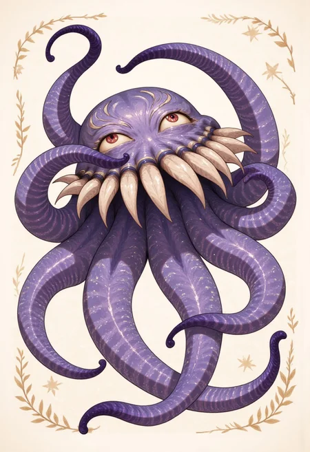 Whimsical, storybook-inspired folk art with flowing, dreamlike details. 8-tentacled purple octopus