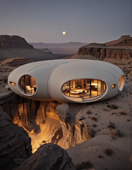 futuristic design. A photo-realistic shoot from a bird's eye view about a futuristic floating house in a desert landscape, featuring a large moon in the sky. the image also shows a desert with rocky formations and sparse vegetation. on the middle of the image, a modern, curved, concrete house with large windows and a warm, inviting atmosphere is situated on a rocky cliff. the house has a sleek, minimalist design with a curved roof and large, circular windows that allow natural light to filter through, creating a sense of depth and dimension. the interior of the house is visible through the large windows, showcasing a cozy, inviting space with a bed and a nightstand with a lamp. the room is illuminated by soft, warm lighting, casting a warm glow on the surrounding desert landscape.