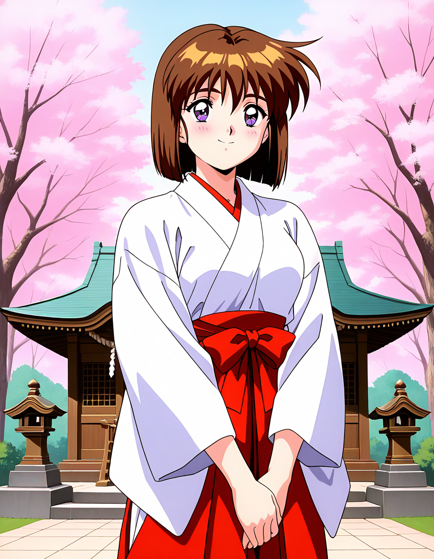 general,highres, ultra-detailed,very aesthetic,best quality ,best hands,  BREAK <lora:Amatsu_Mai_IS:1> Amatsu_Mai, 1girl,solo, brown hair, short hair, breasts, purple eyes, bob cut, bangs, 1990s \(style\),anime coloring, BREAK,
japanese white clothes, miko, red hakama, shrine, cherry blossom,
 blush,
BREAK, 1990s \(style\),anime coloring,  v arms, smile, closed mouth,