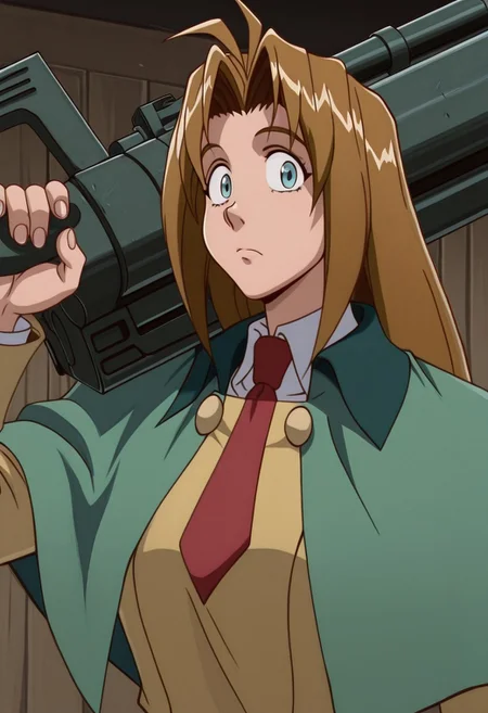 trigunstylev2, amazing quality, best quality, masterpiece, absurdres, 1girl, Milly Thompson, solo, weapon over shoulder, holding weapon, big gun, upper body, fingernails, red necktie, green capelet, looking at viewer, (confused:0.6)