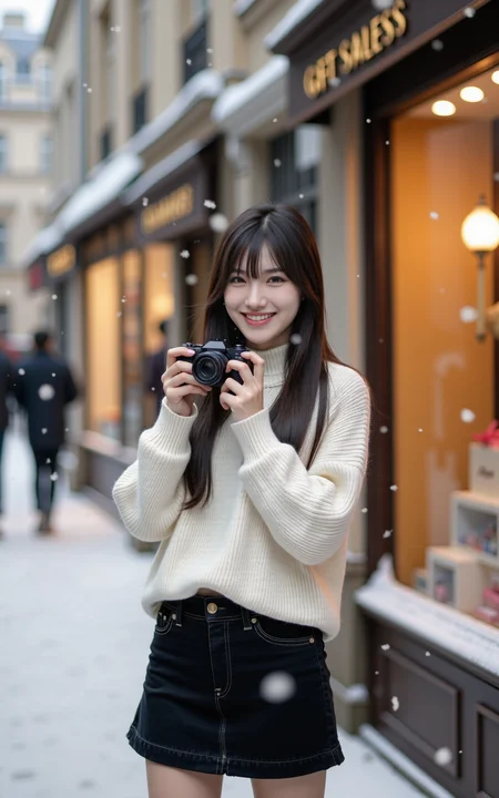 A 20-year-old girl in a white sweater and a black knee-length skirt holds a camera,taking a selfie on a snowy street in a small Parisian town. Behind her,a charming gift shop with a warmly lit display window adds a cozy atmosphere. Snowflakes gently fall around,creating a dreamy winter scene. The image is captured in an ultra-photorealistic style,with soft natural lighting,crisp details,and a cinematic depth of field. Her expression is natural and joyful,reflecting the serene beauty of the moment.,
<lora:baby-base-01-flux:0.7>,baby,long black hair,bangs,she has a slender physique and a petite build,