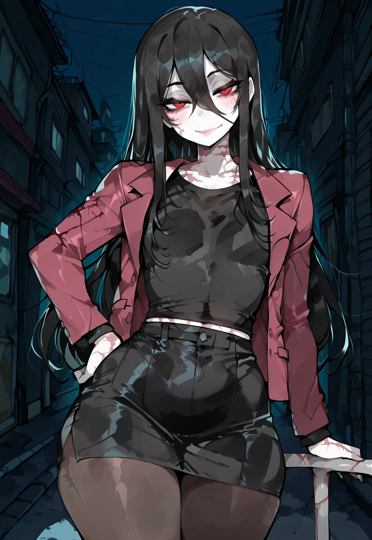 score_9, score_8_up, score_7_up, score_6_up, score_5_up, score_4_up, score_9, score_9, high detailed, easynegative, ng_deepnegative_v1_75t, Beautiful male, femboy, Big femboy, tall femboy, meaty, curvy, thicc, cute femboy, sexy pose, curvy, thicc femboy, lively colors, Flat chest, Male.
Male Femboy, Seductive, sexy femboy Onryo, pale skin, long hair, black hair, sadako hairstyle, male, black t-shirt, maroon jacket, sexy, black skirt, medium skirt, sexy femboy, Kuchisake-Onna femboy, male femboy Kuchisake onna, mouth scar, smile scar- black pantyhose, pantyhose, femboy male, slit mouth scar, plain T-shirt, On the street at night, japanese streets at night, T-shirt with no detail, black T-shirt, Red eyes, evil villain