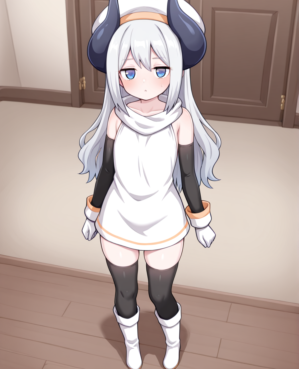 1girl,solo, <lora:dual_horn:1> dual horn, , long hair, blue eyes, black thighhighs, detached sleeves, white gloves,white  boots, dress,best quality ,masterpiece, indoor
