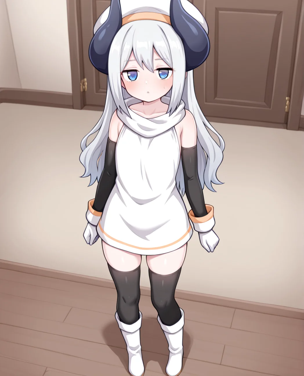 1girl,solo, <lora:dual_horn:1> dual horn, , long hair, blue eyes, black thighhighs, detached sleeves, white gloves,white  boots, dress,best quality ,masterpiece, indoor