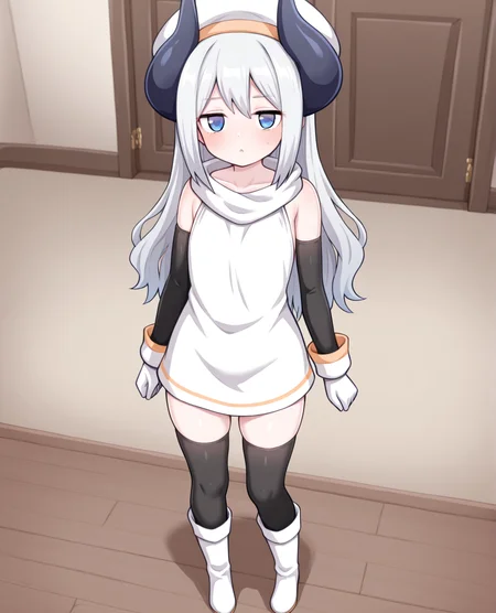 1girl,solo, <lora:dual_horn:1> dual horn, , long hair, blue eyes, black thighhighs, detached sleeves, white gloves,white boots, dress,best quality ,masterpiece, indoor