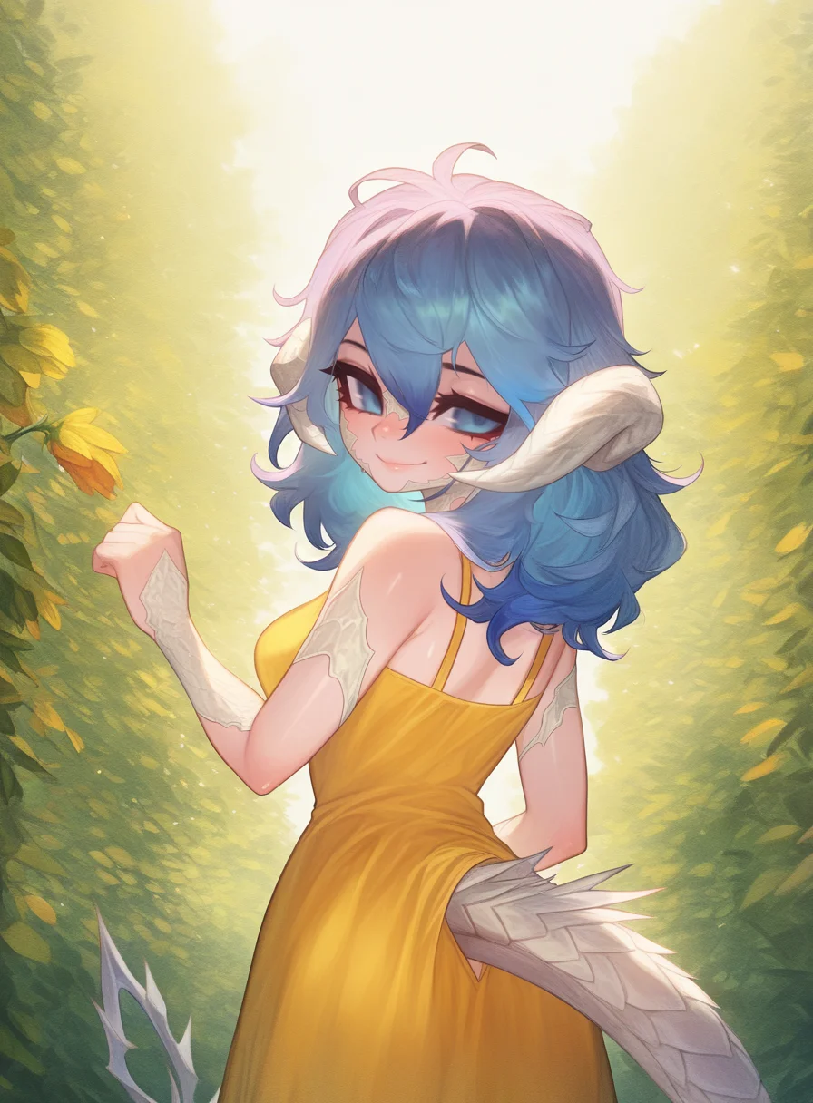 masterpiece, best quality, very aesthetic,gloss,uncensored,
BREAK
1girl, au ra,white scales, dragon horns, dragon tail, blue eyes, blue hair, messy hair, hair between eyes, from behind, yellow sundress, garden, day, sunshine, smile, looking back
<lora:M0_Chi-ill-fandingo:1>