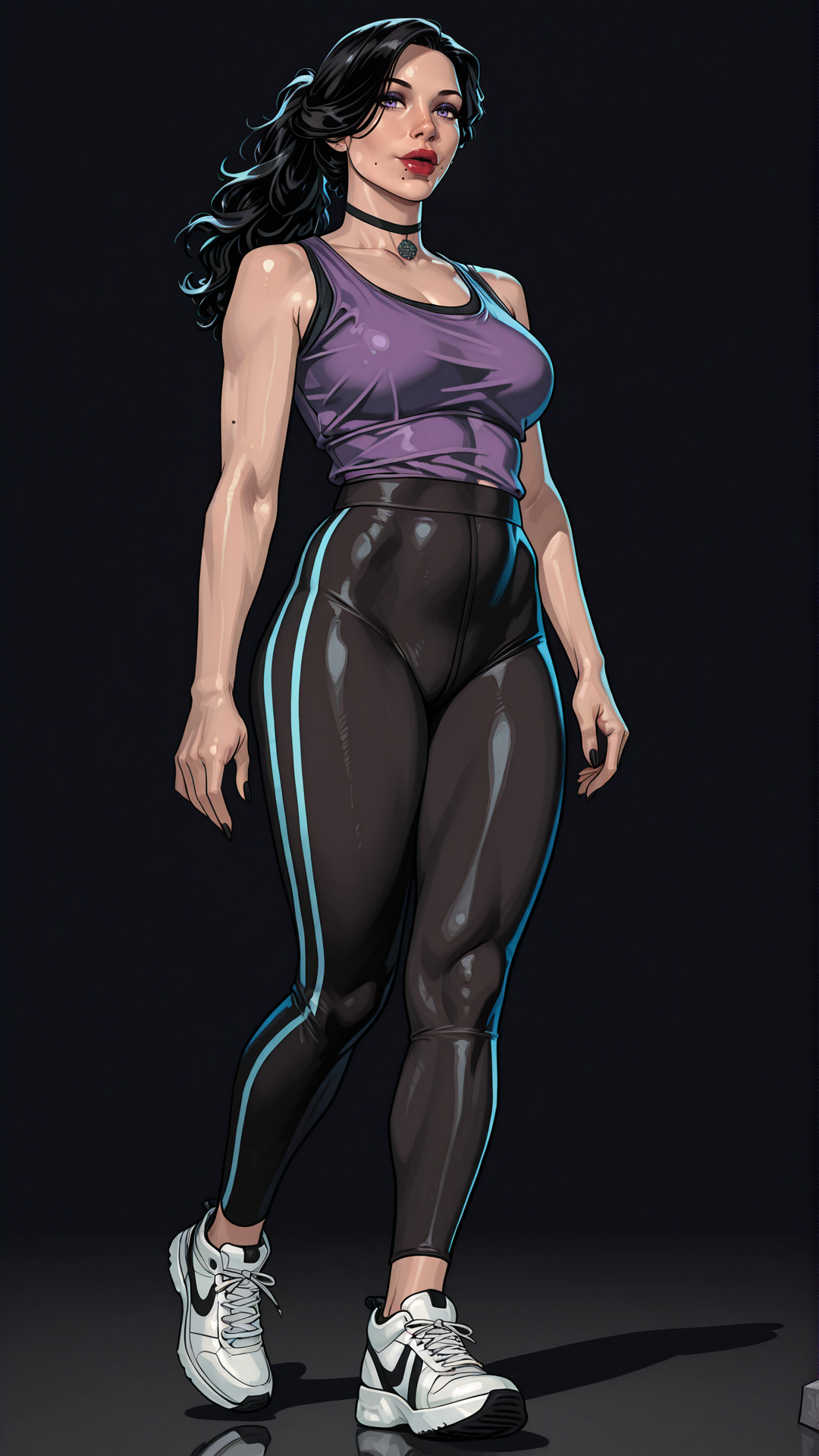 <lora:Yair_Style_Illustrious:0.9>, yairstyle, <lora:iLLMythM4gicalL1nes:0.3>, <lora:MoriiMee_Gothic_Niji_Style_Illustrious_r1:0.3>, artist:moriimee, masterpiece, best quality, highres, sharp focus, cinematic lighting, empty background, dynamic angle BREAK
<lora:YenneferIllu:0.75>, 1girl, mature woman, solo, yennefer, black hair, long ponytail, choker, purple eyes, mole under lips, makeup, black nail polish, black yoga pants, white sneakers, purple tank top, walking, focused, looking at viewer, full body view,