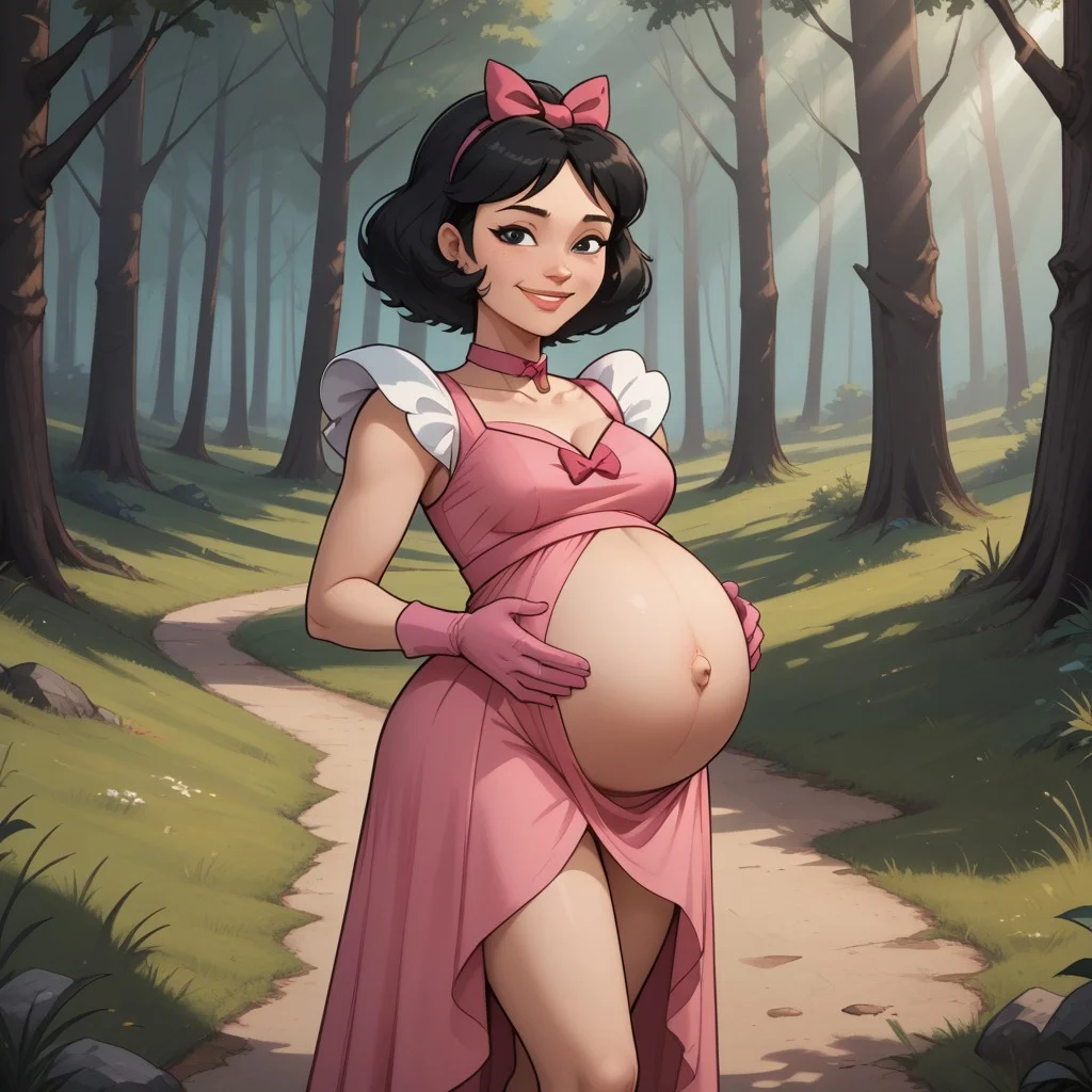 score_9, score_8, BREAK, solo, total drama, 1girl, black hair, white skin, pink hair bow, black eyes, lips, pointy nose, pink neck band, pink small dress, light pink gloves, bare legs, pink footwear, Ella_(\Total_Drama\), tdpi, cute, adult female, mature female, (((pregnant))), sexy pose, self portrait, smile, looking at viewer, outdoors, sunlight, shadows, evening lighting, natural lighting, forest, trees, grass, orange sky, sunset