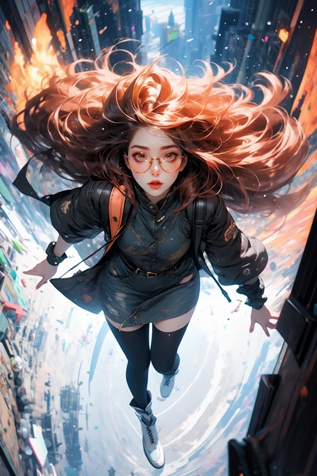 1girl,<lora:Cosmic anime-oil fusion v2:1>,masterpiece,best quality,full body,long hair,copper hair,hair tubes,brown eyes,tall stature,multicolor Nehru Jacket,black denim dress,bat print,glasses,spiked gloves,triangular eyewear,surreal,head down,flying,<lora:æ»åç»èdetail_slider_v4:1>,<lora:è¶å¨æè§è§ _v1.0:1>,Exaggerated perspective,ultra wide shot,floating,blurry hand foreground,