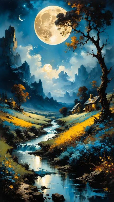 landscape by Gustave Moreau, Thomas Kinkade, James Gurney. Carne Griffiths. Frank Frazetta. van gogh, Alberto Sevesooil paint, masterpiece, Realistic, deep colors, blue tint, only bronze gold moon, night scenery, fields, Field, Intricate, detailed, sharp, clear, Better image quality, harsh brush strokes<lora:xl_more_art-full_v1:0.5>