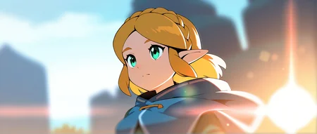 masterpiece, best quality, good quality, newest, the legend of zelda, Zelda, 1girl, solo, very aesthetic, backlighting, lens flare, (solo focus:1.2), depth of field, cinematic,